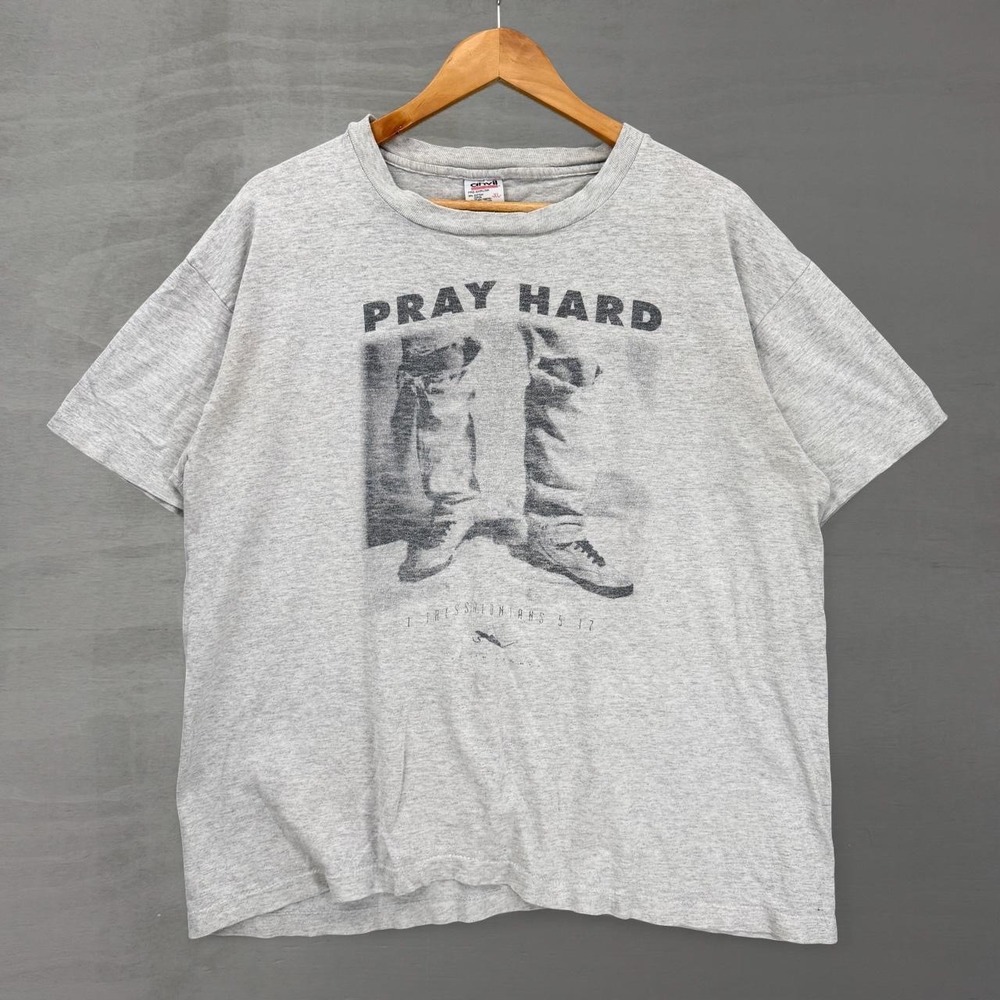 Vintage Jesus Tee Gray Pray Hard 1 Thessalonians 5:17 90s XL